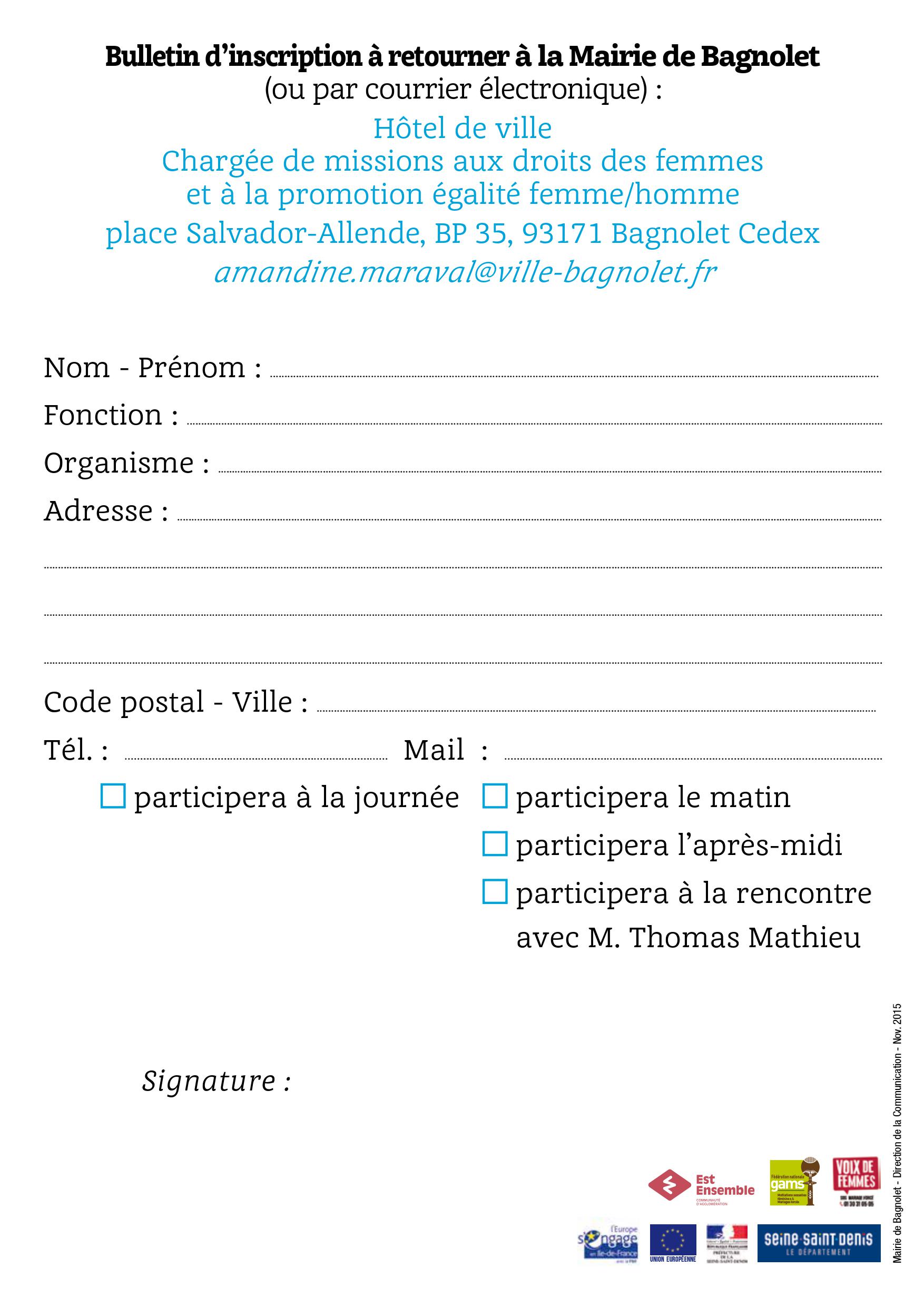 Bulletin d'inscription Bagnolet 20 novembre 2015 Verso